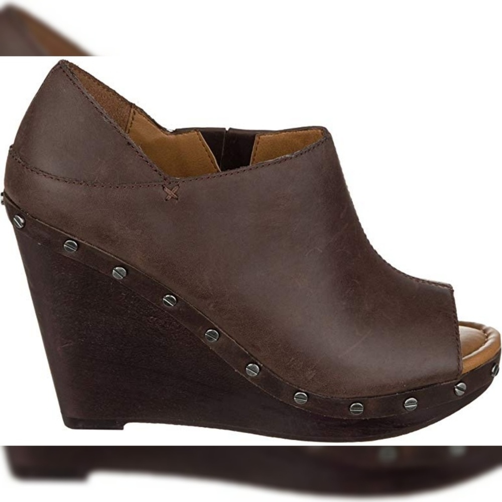 Dr Scholls Wedge Mule Sandals brown leather